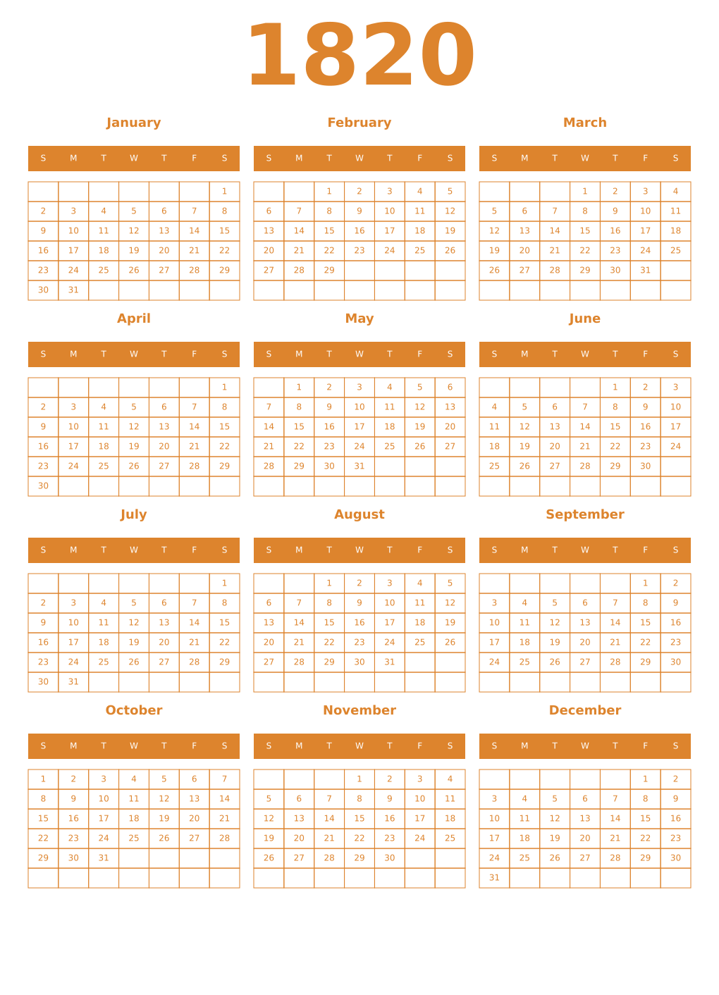 Printable 1820 Year Calendars orange