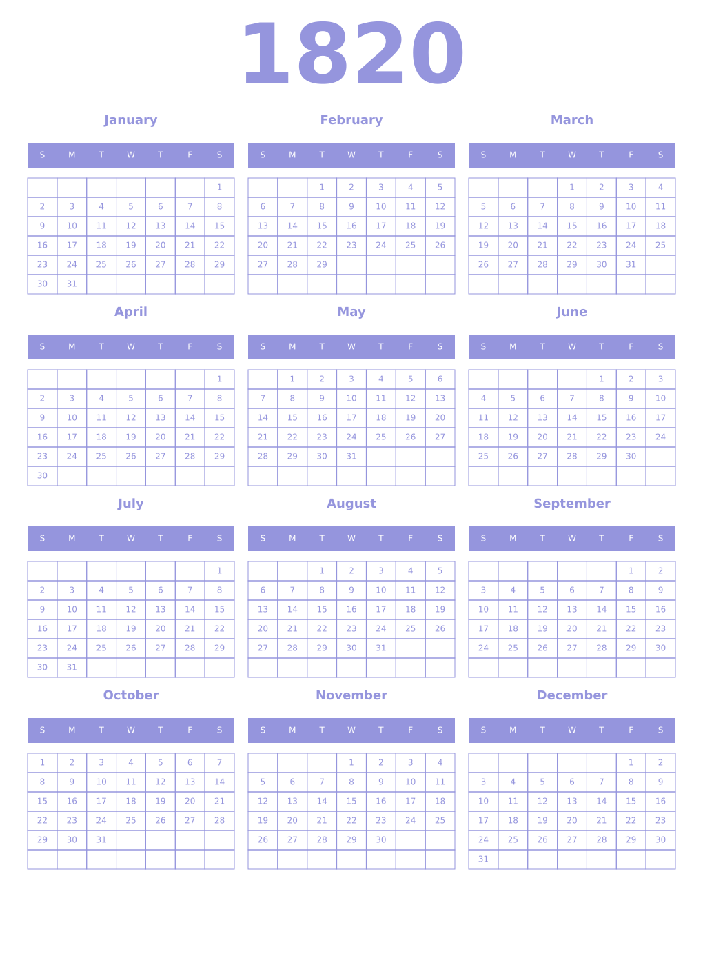 Printable 1820 Year Calendars periwinkle