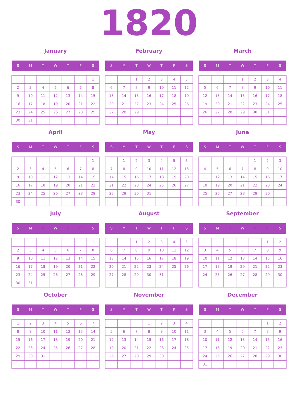 Printable 1820 Year Calendars purple
