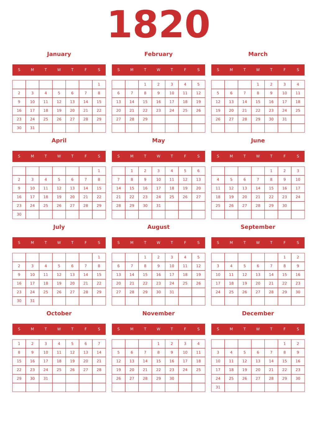 Printable 1820 Year Calendars red