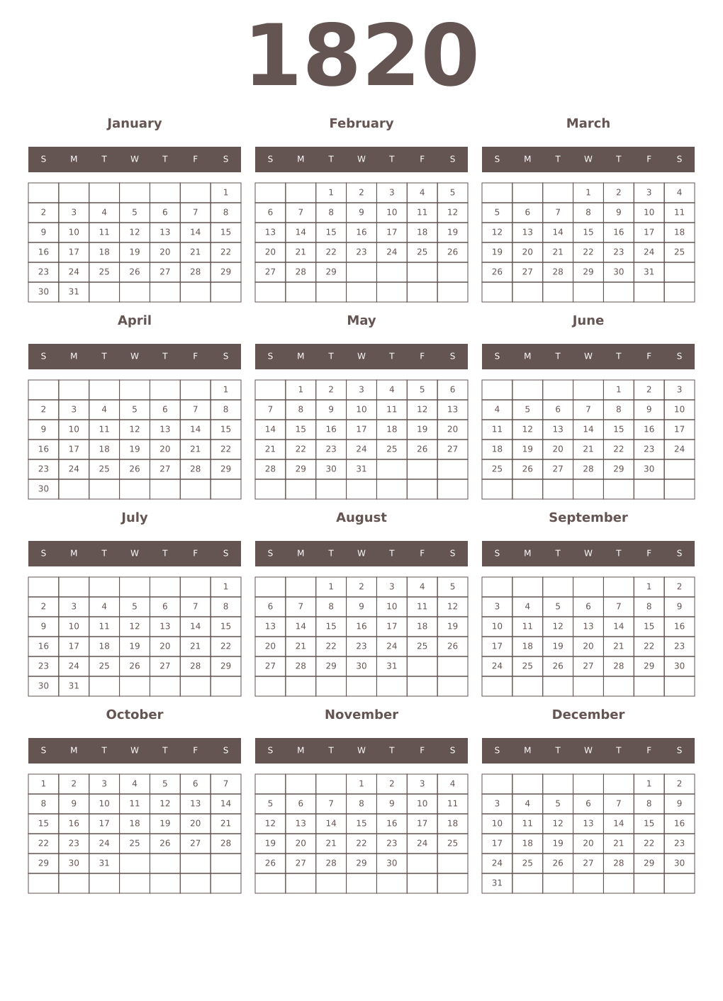 Printable 1820 Year Calendars wenge