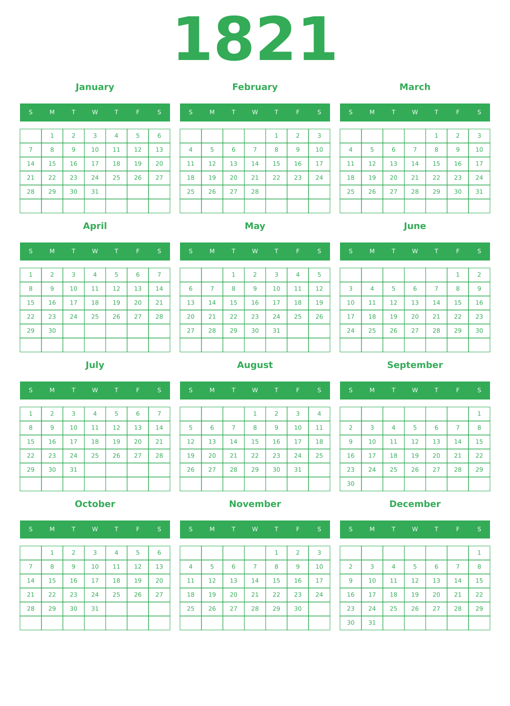 Printable 1821 Year Calendars green