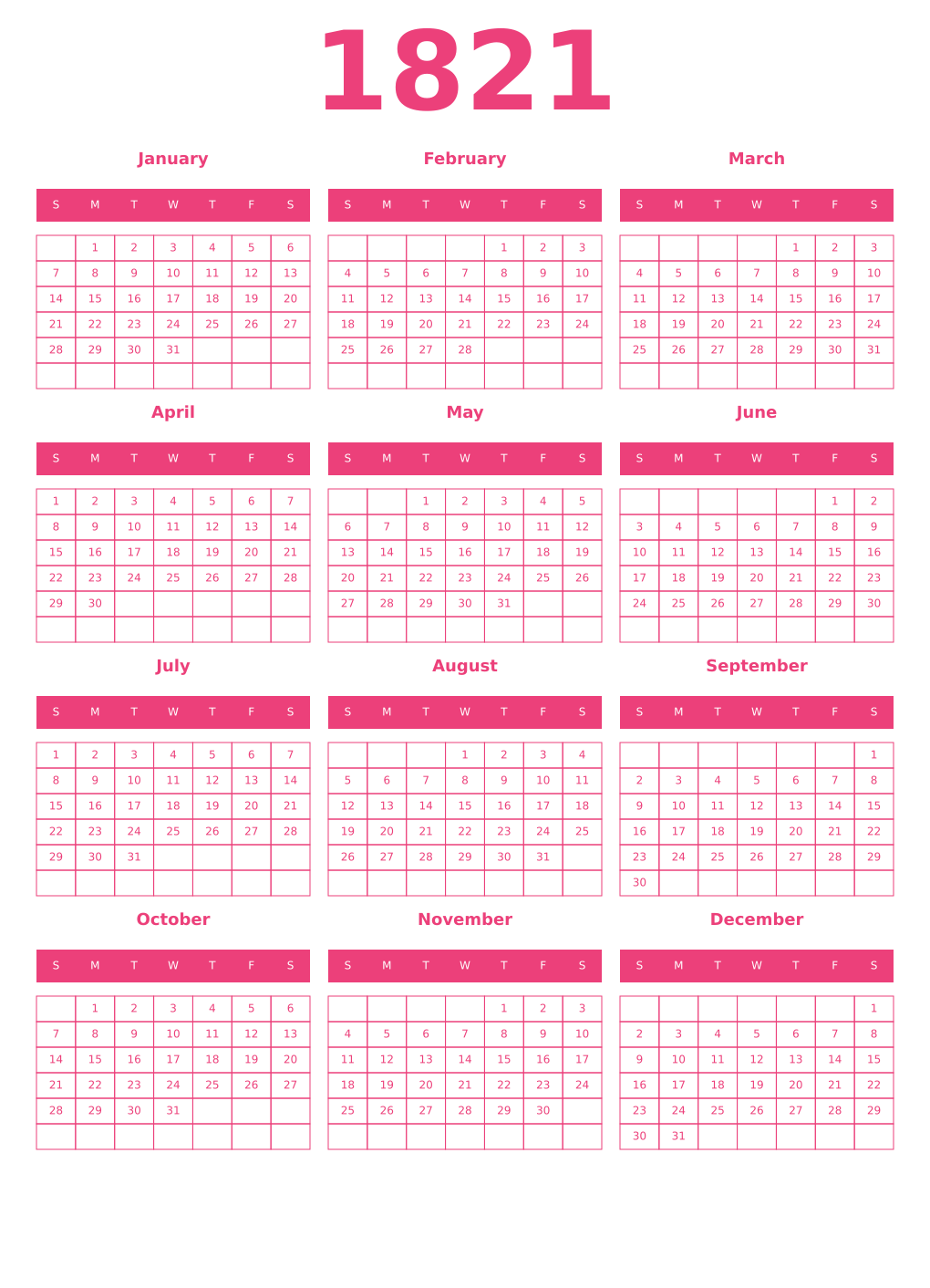 Printable 1821 Year Calendars pink