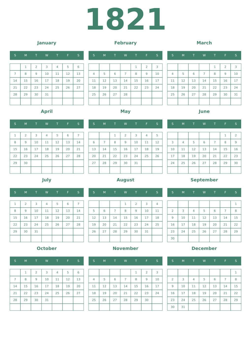 Printable 1821 Year Calendars viridian