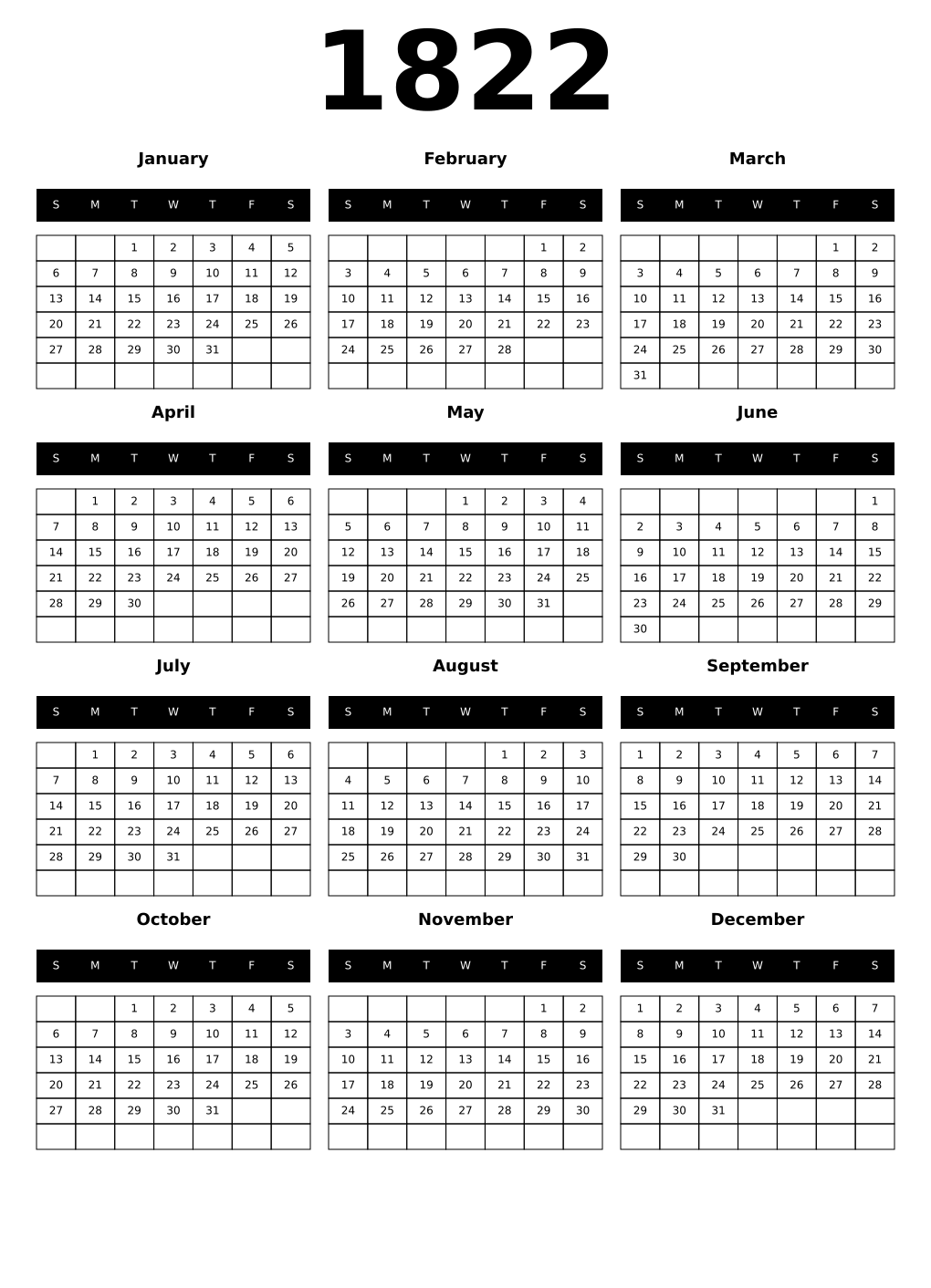Printable 1822 Calendars