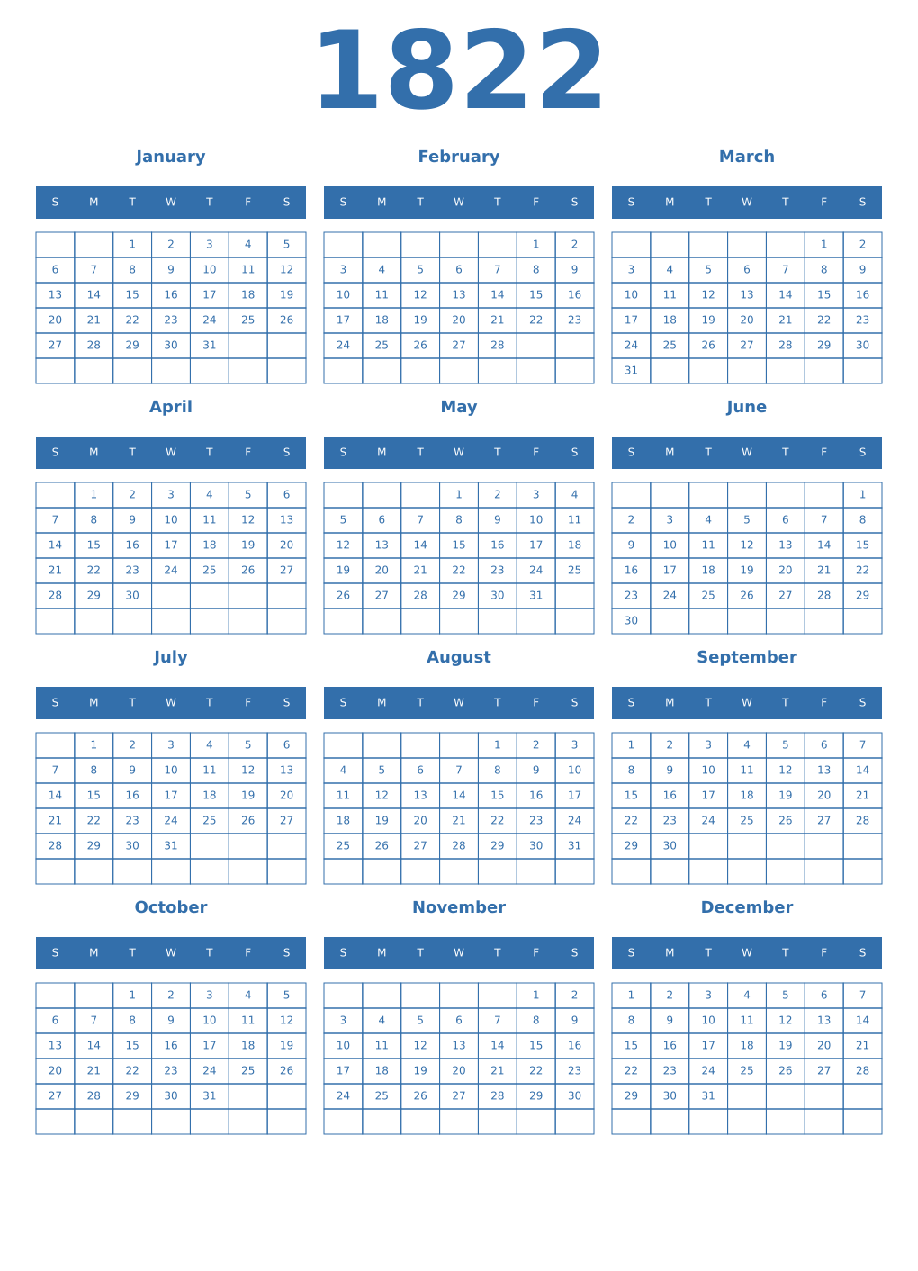 Printable 1822 Year Calendars blue