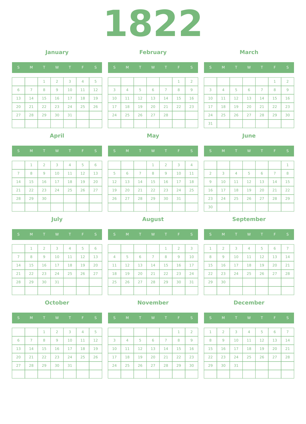 Printable 1822 Year Calendars celadon