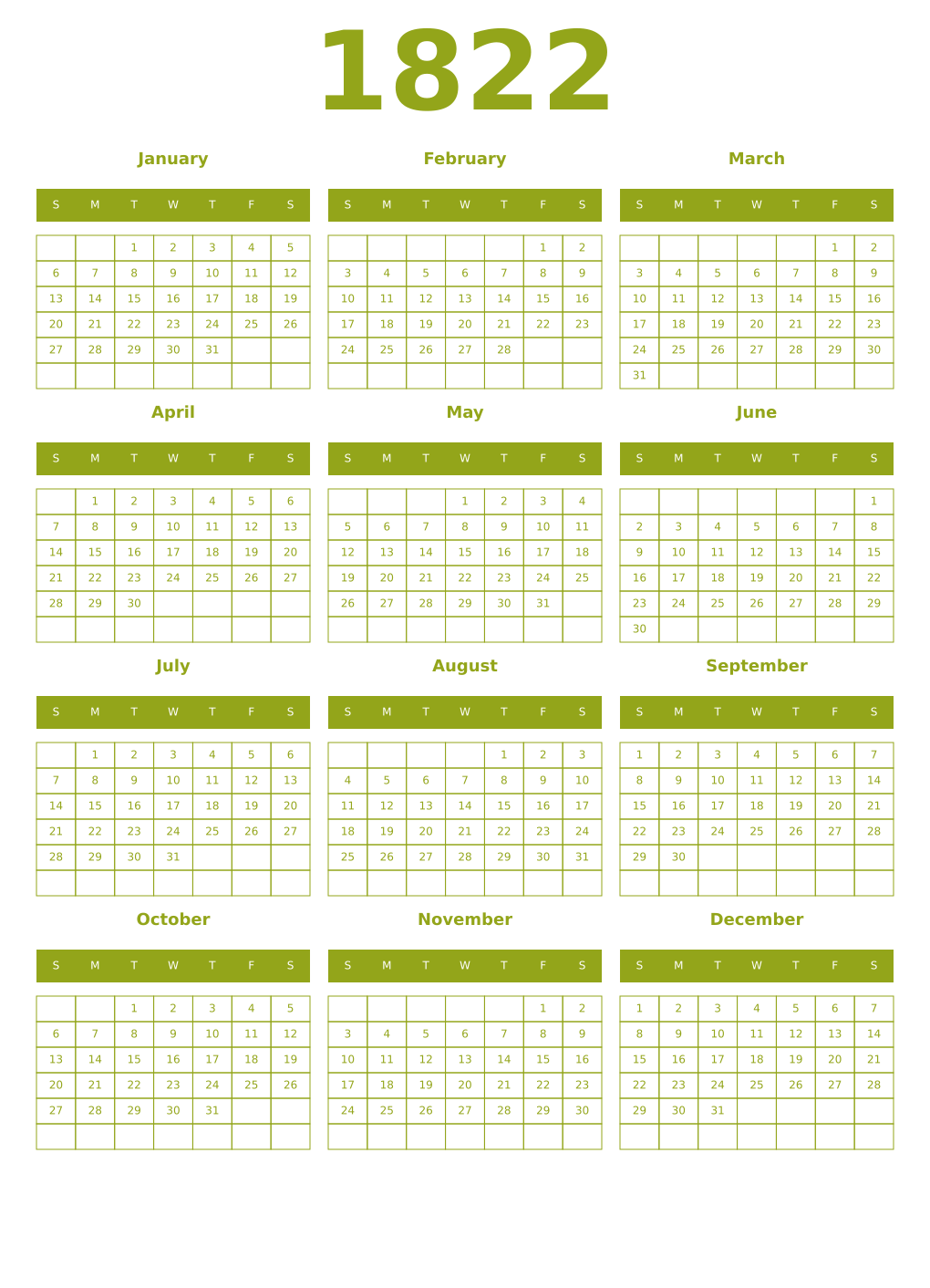 Printable 1822 Year Calendars chartreuse