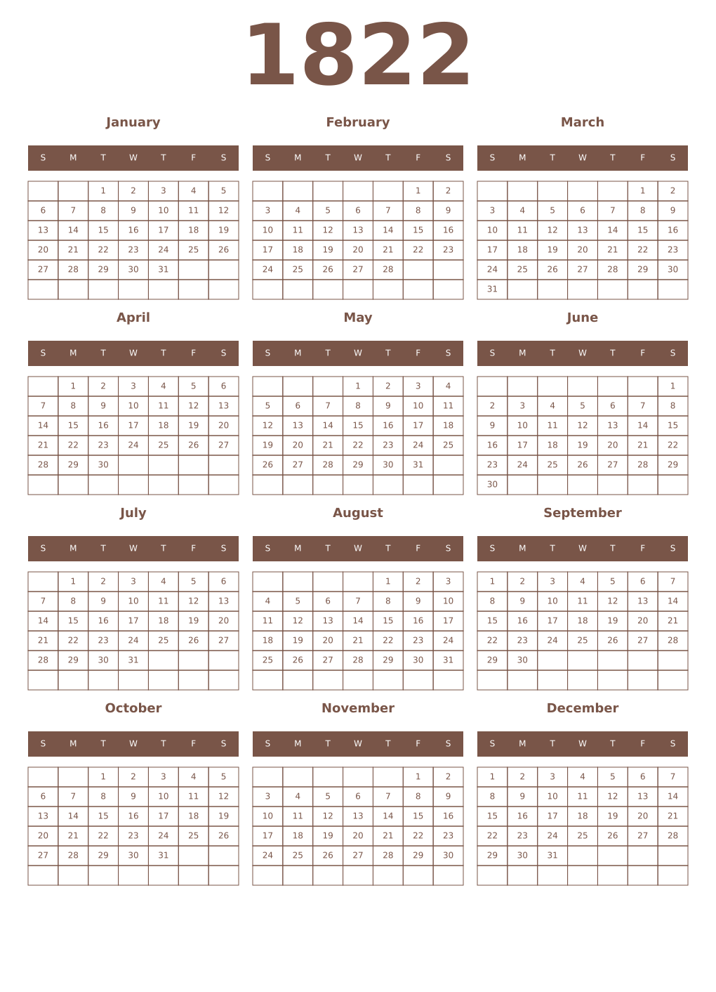 Printable 1822 Year Calendars coffe