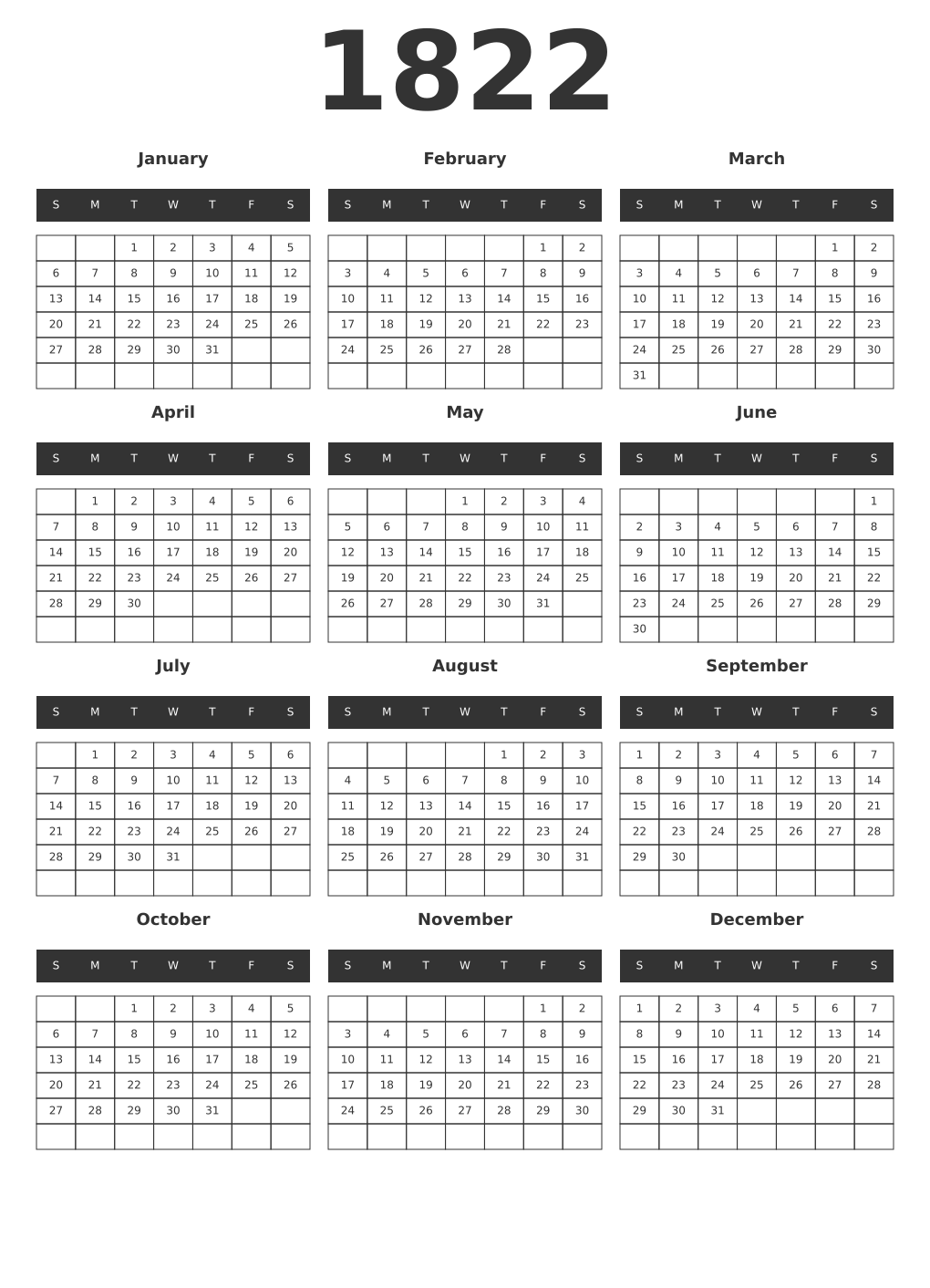 Printable 1822 Year Calendars dark