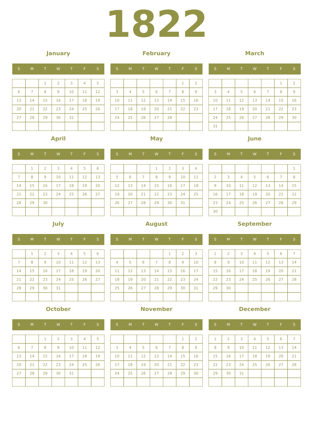 Printable 1822 Year Calendars eburnean