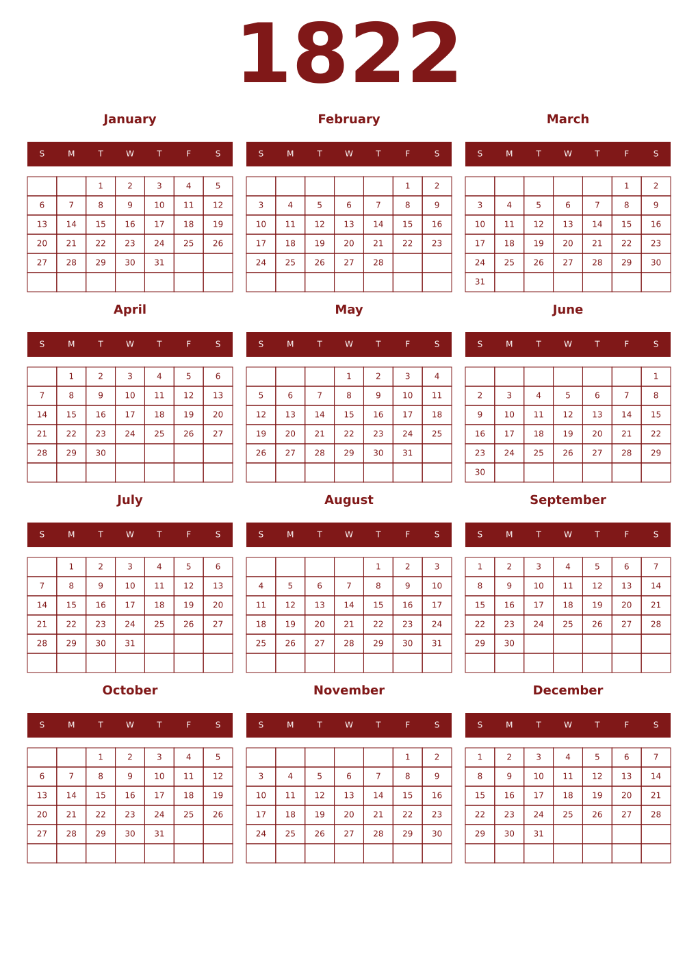 Printable 1822 Year Calendars falu