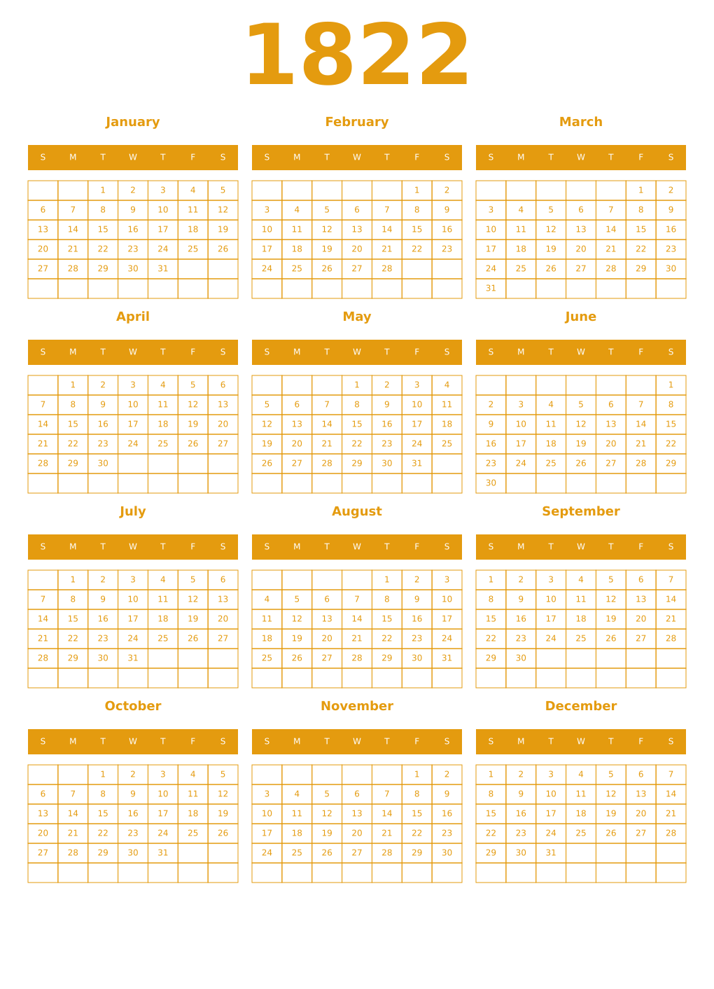 Printable 1822 Year Calendars gamboge