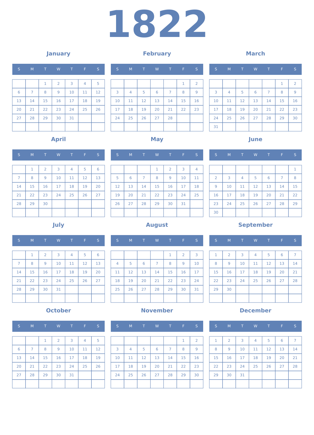 Printable 1822 Year Calendars glaucous