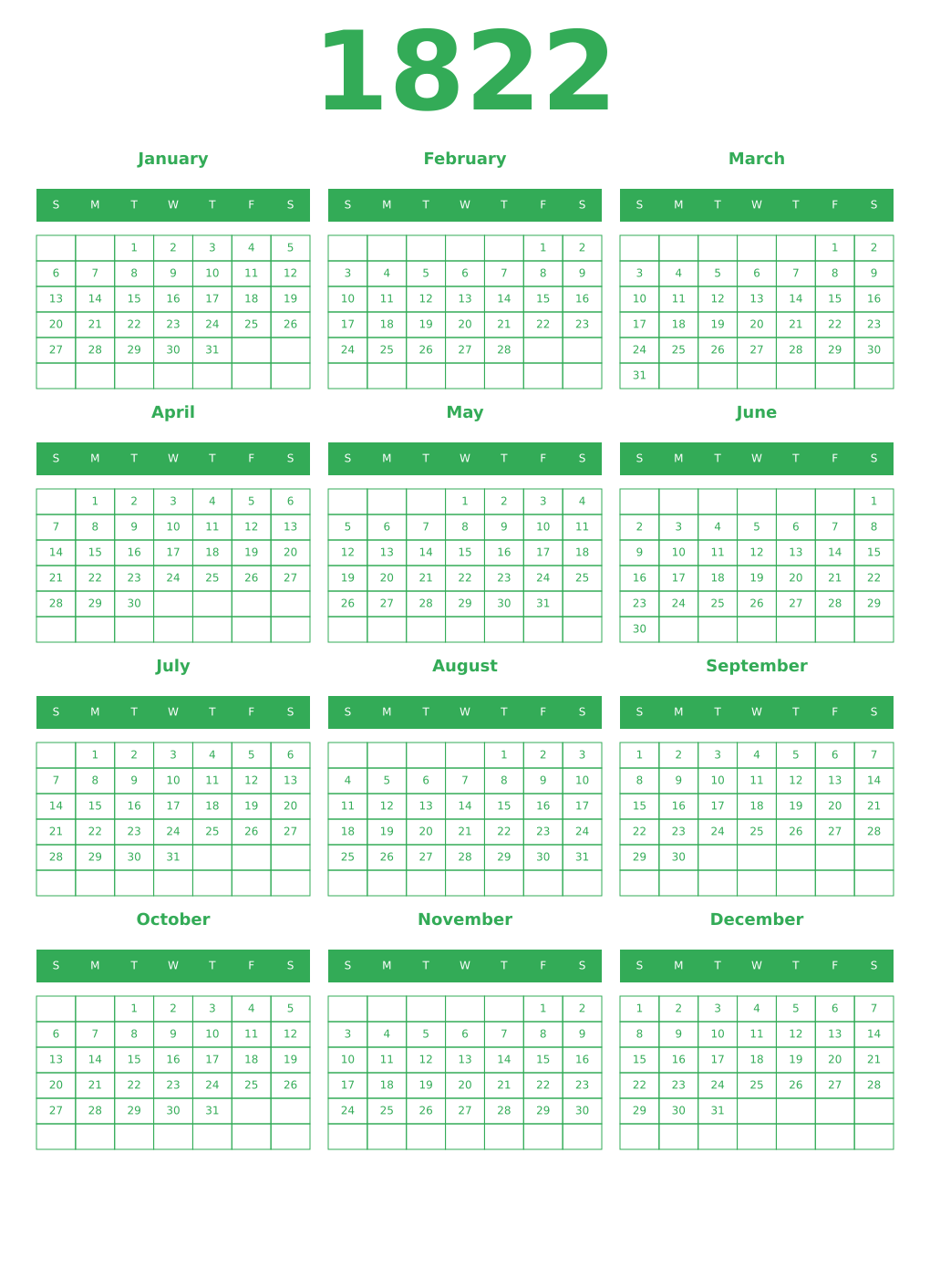Printable 1822 Year Calendars green