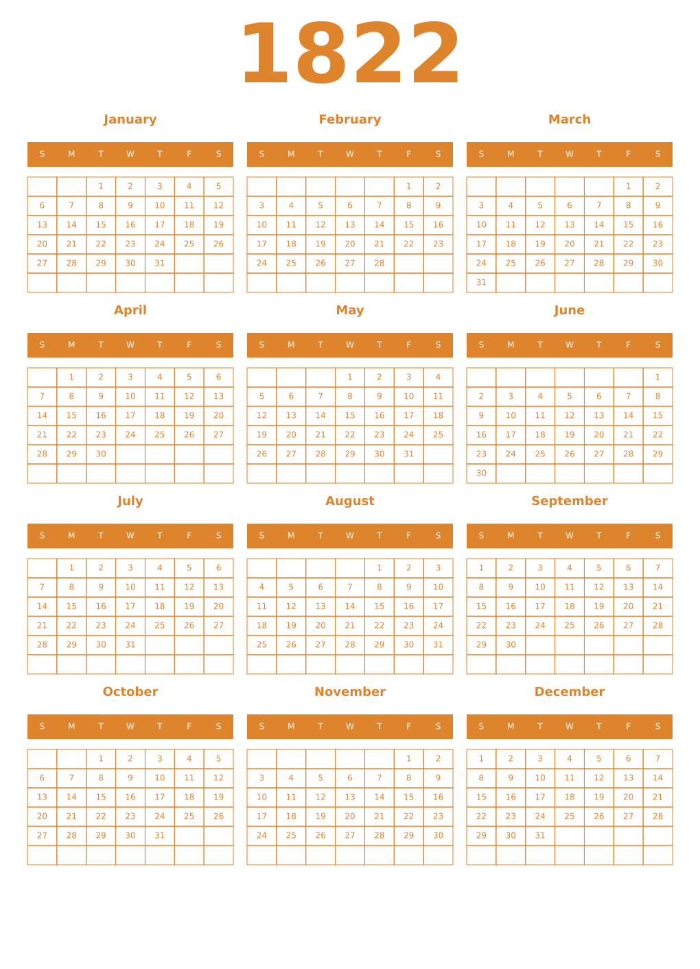 Printable 1822 Year Calendars orange