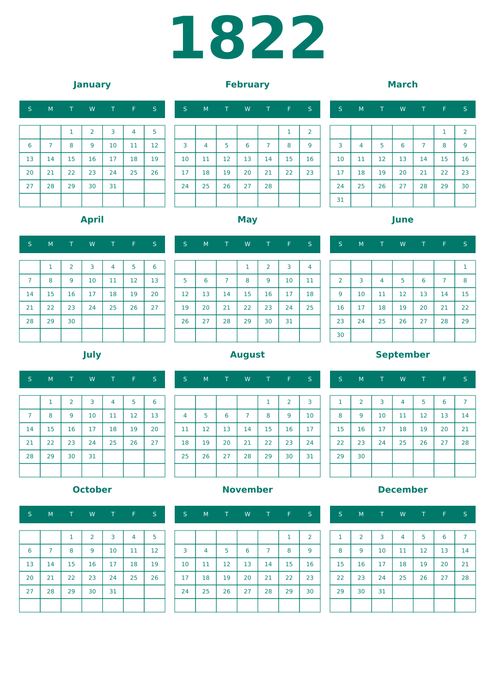 Printable 1822 Year Calendars pastel
