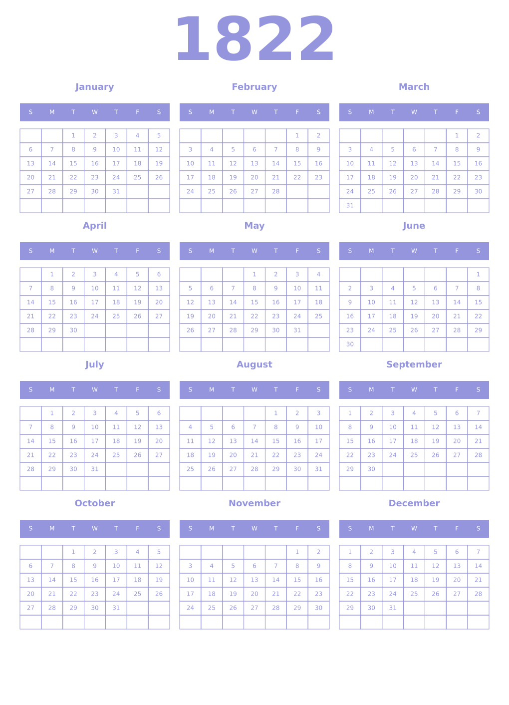 Printable 1822 Year Calendars periwinkle