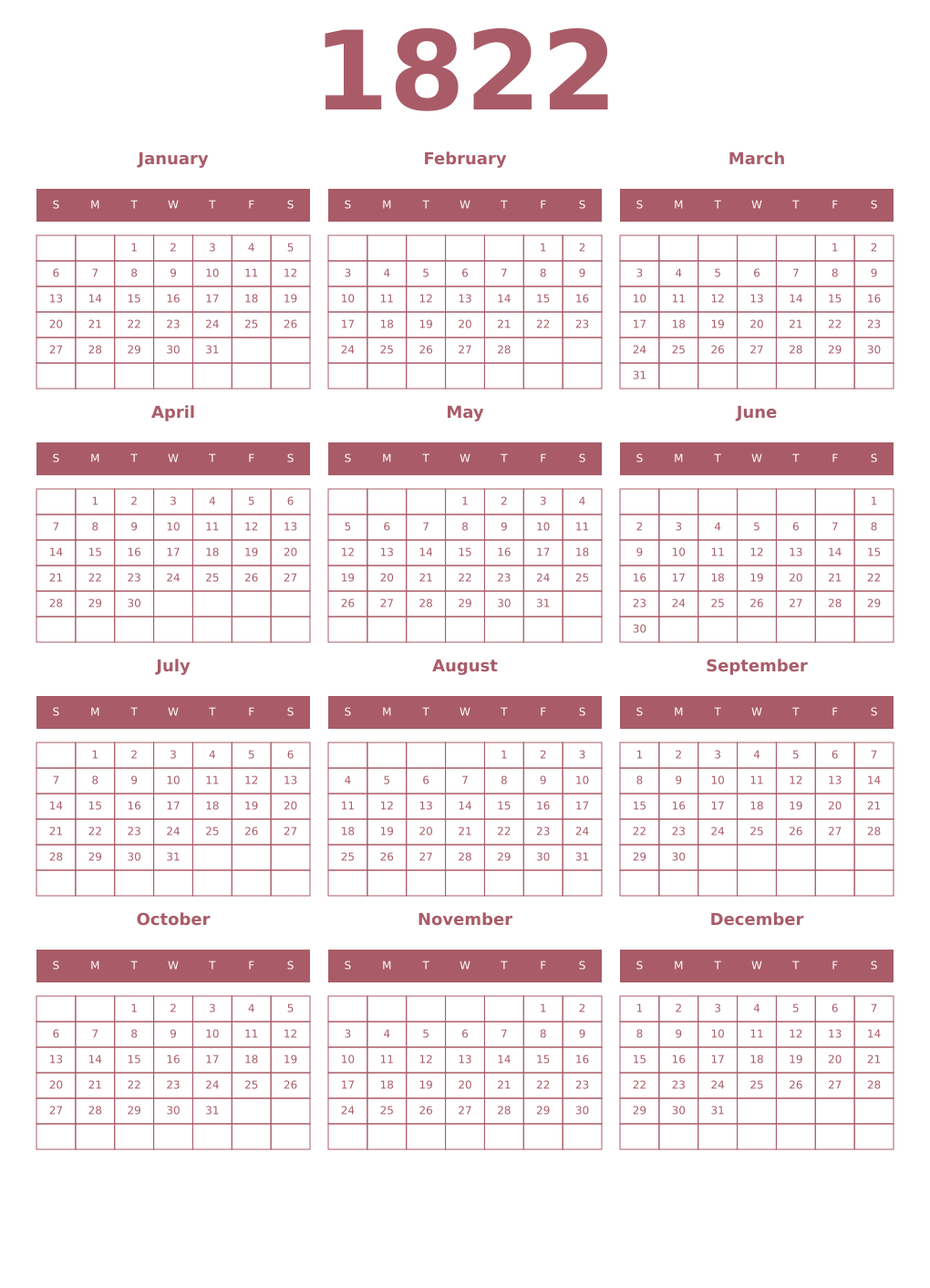 Printable 1822 Year Calendars puce