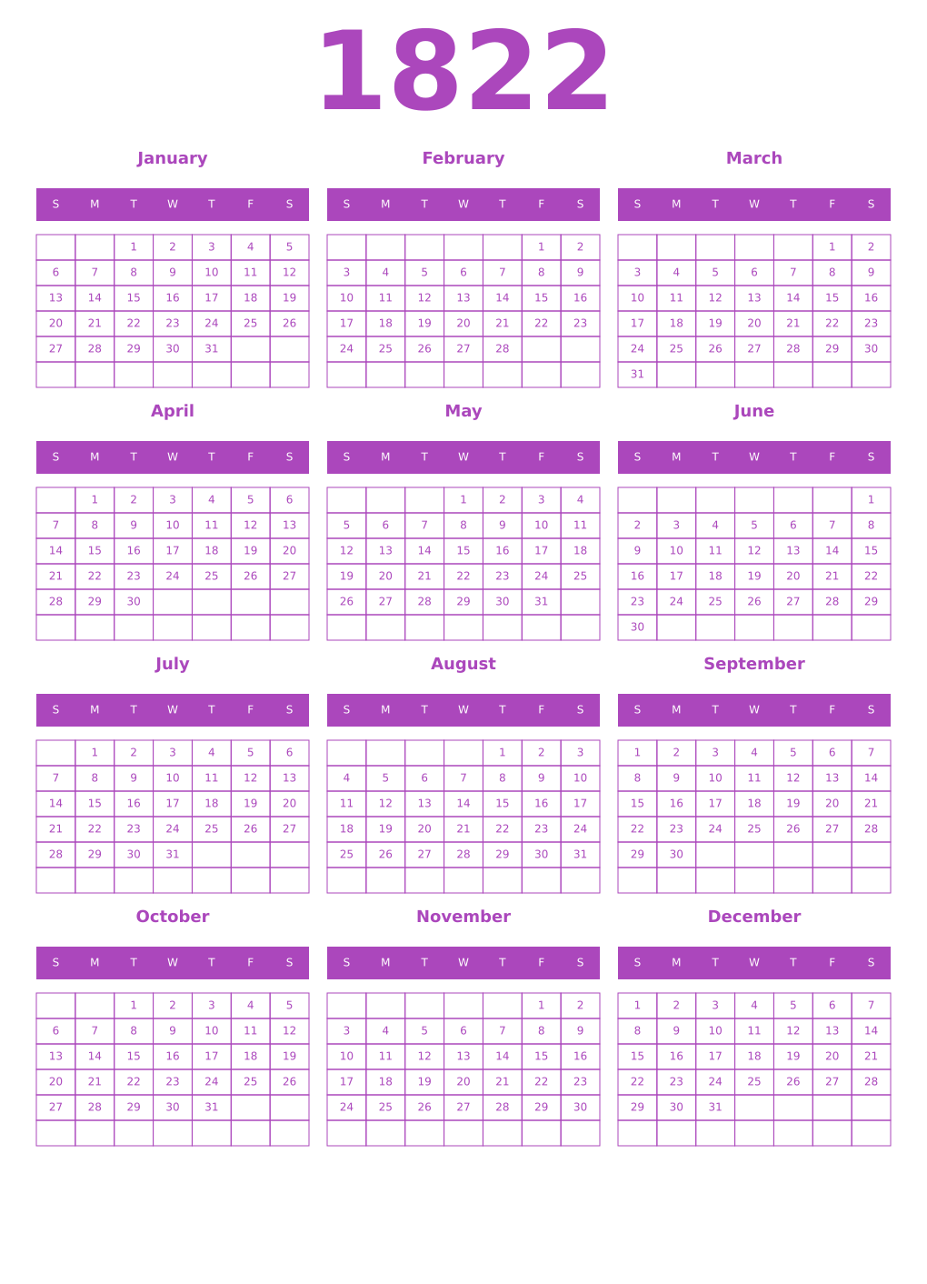 Printable 1822 Year Calendars purple