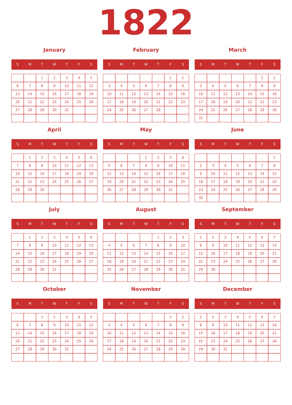 Printable 1822 Year Calendars red