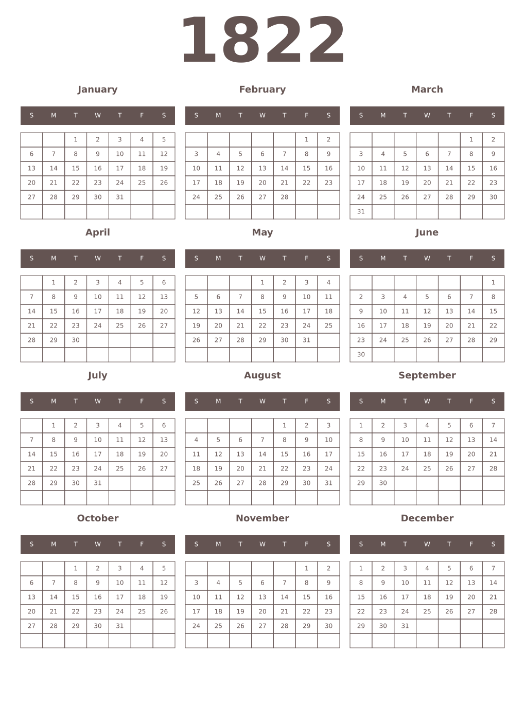 Printable 1822 Year Calendars wenge