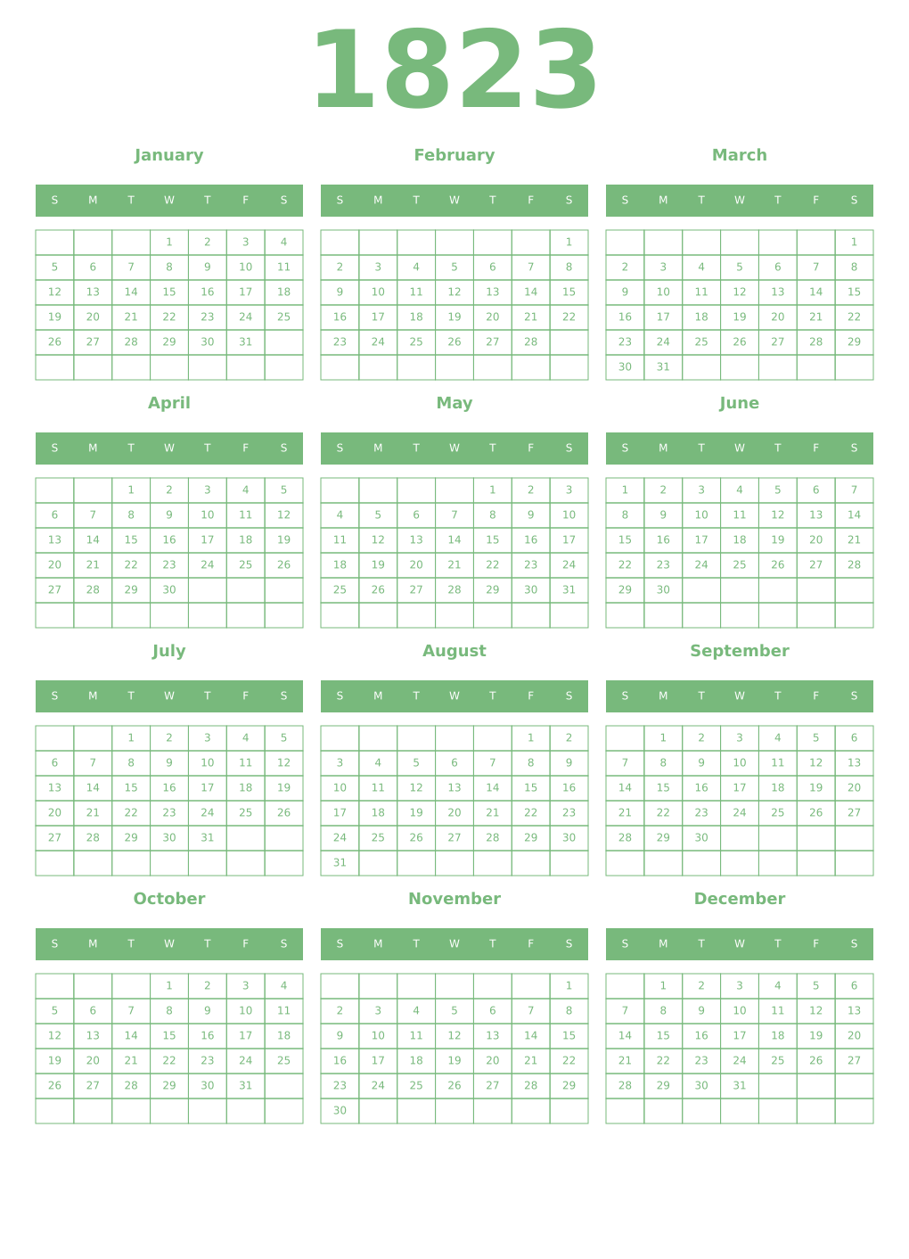 Printable 1823 Year Calendars celadon