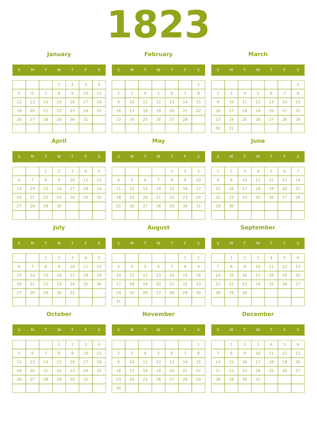 Printable 1823 Year Calendars chartreuse
