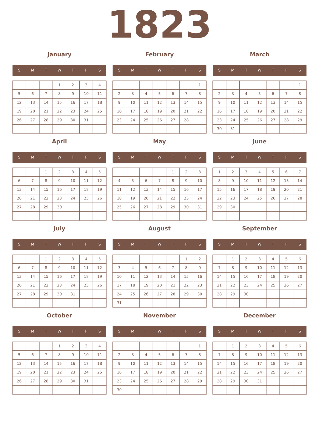 Printable 1823 Year Calendars coffe