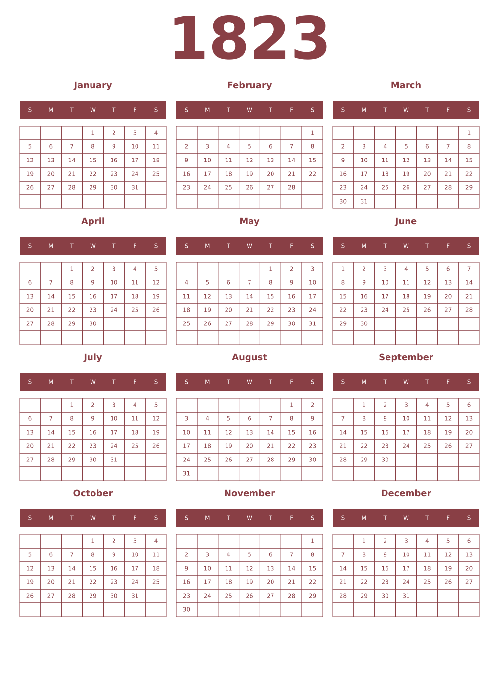 Printable 1823 Year Calendars cordovan