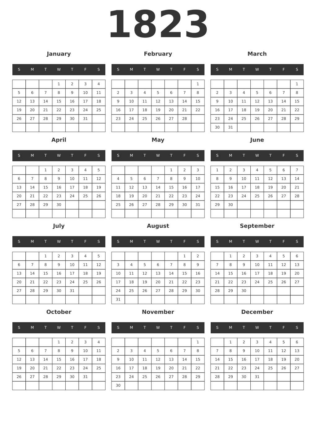Printable 1823 Year Calendars dark