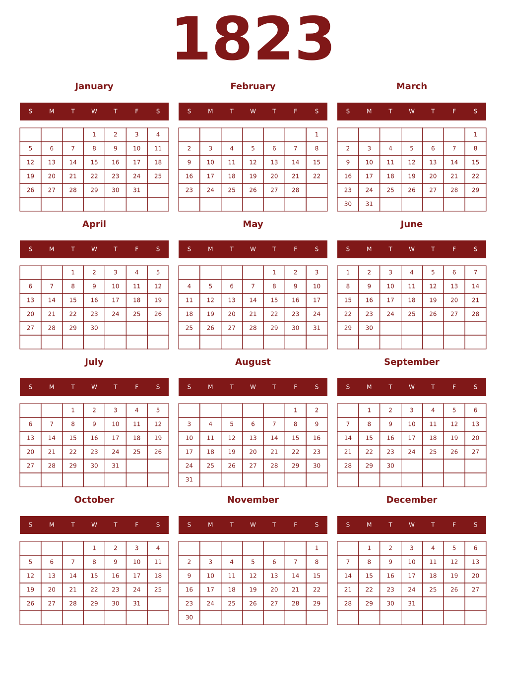 Printable 1823 Year Calendars falu