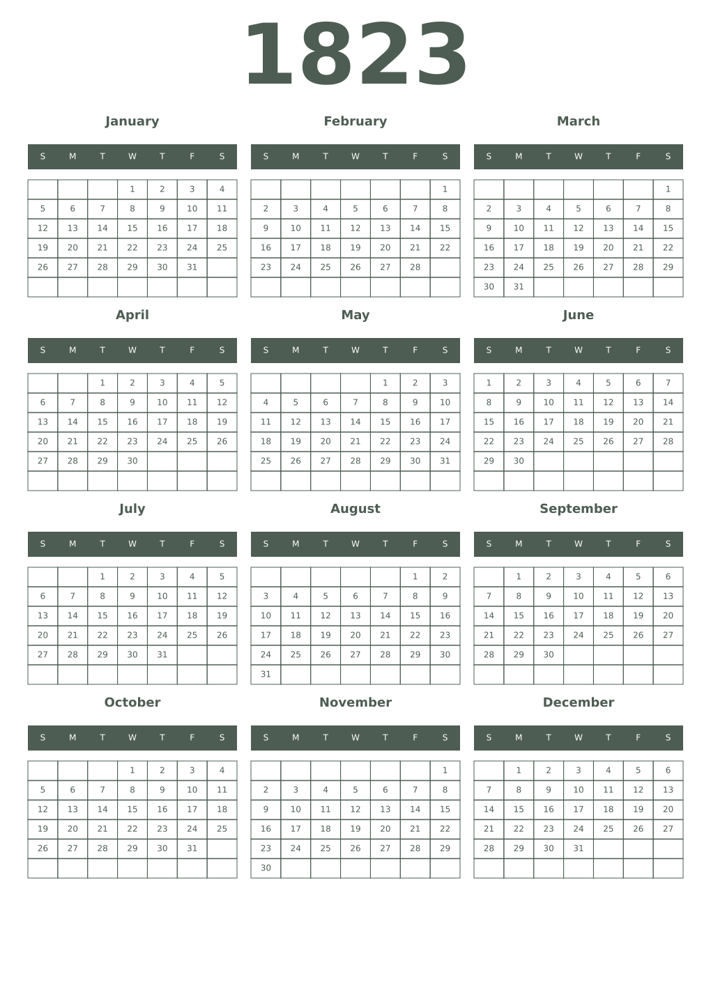 Printable 1823 Year Calendars feldgrau