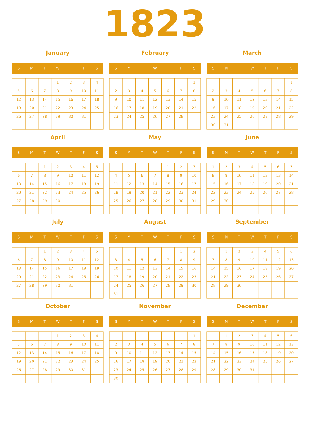 Printable 1823 Year Calendars gamboge