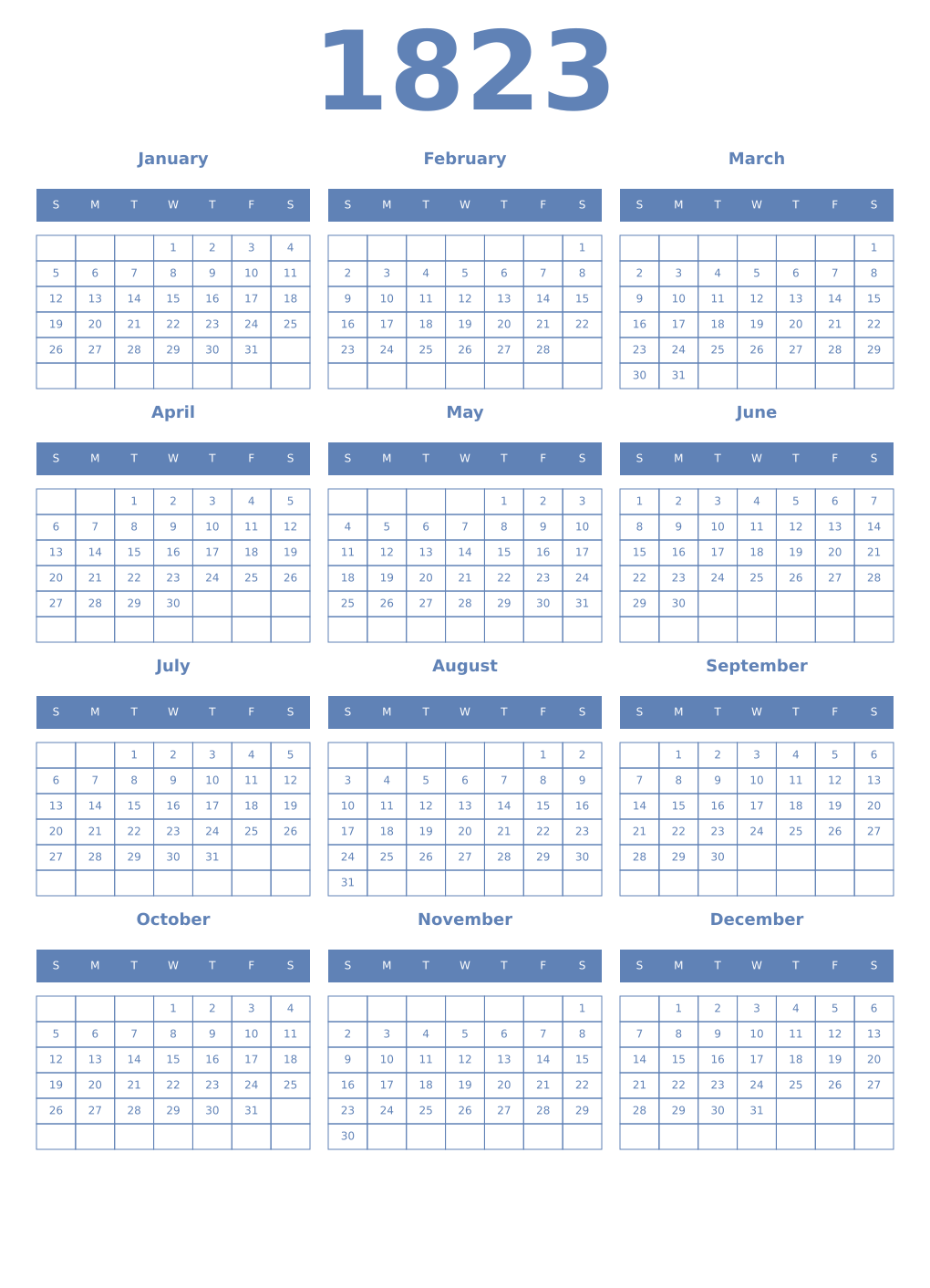 Printable 1823 Year Calendars glaucous