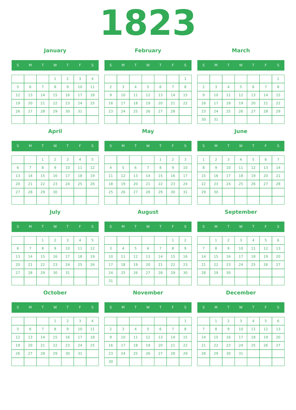 Printable 1823 Year Calendars green