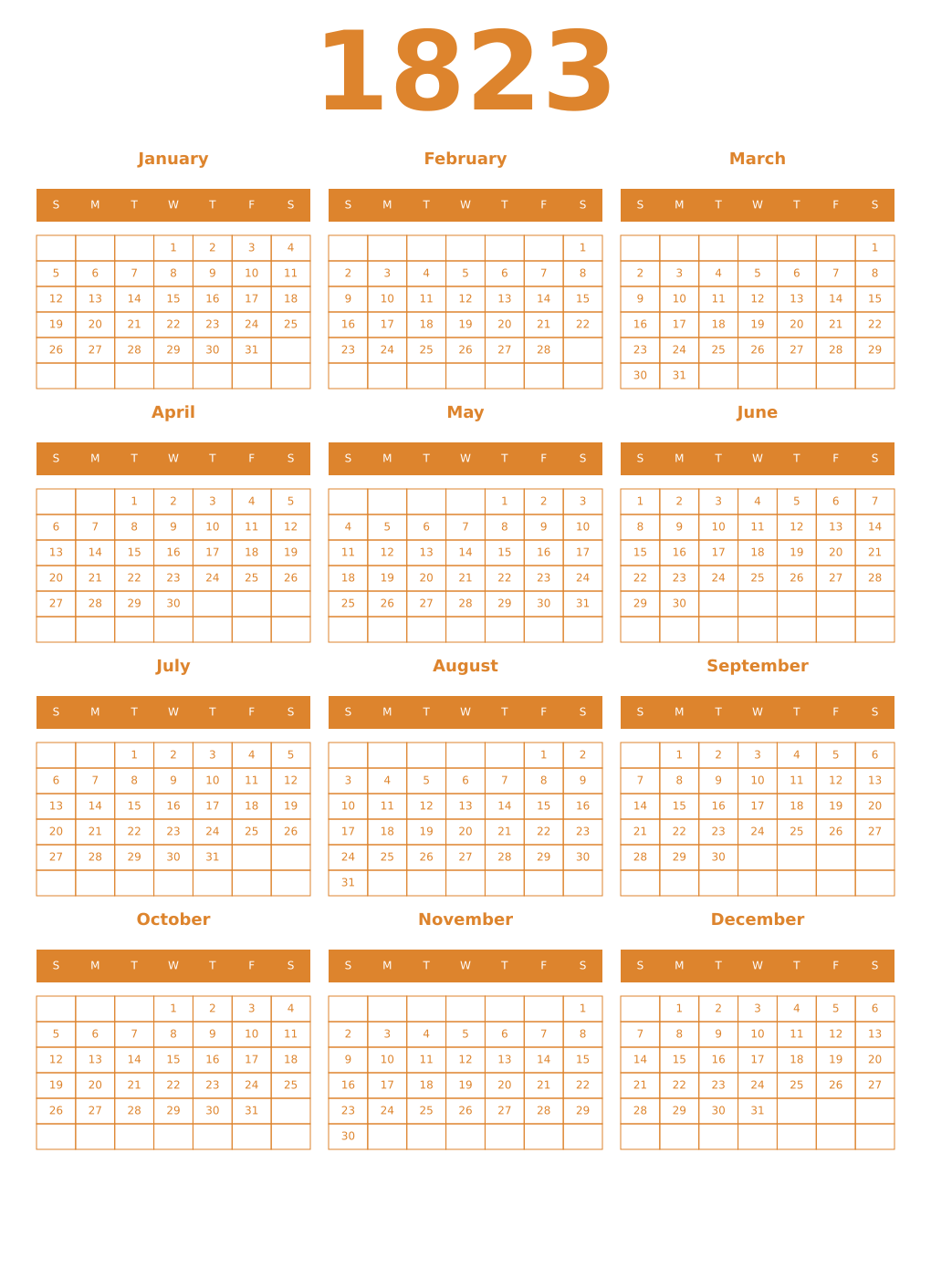 Printable 1823 Year Calendars orange