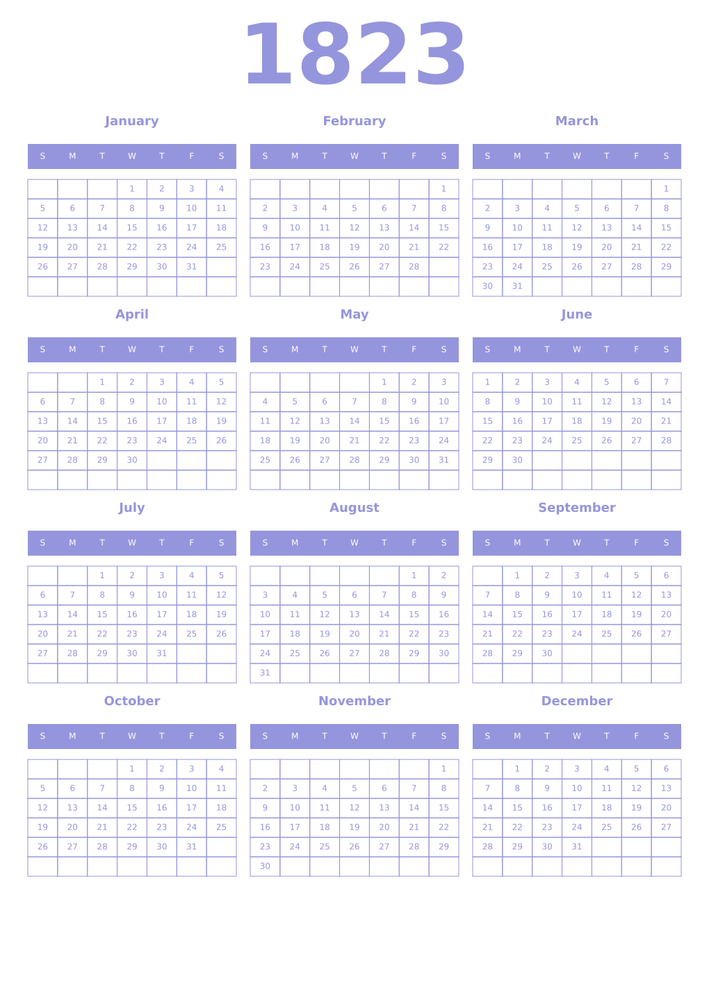 Printable 1823 Year Calendars periwinkle
