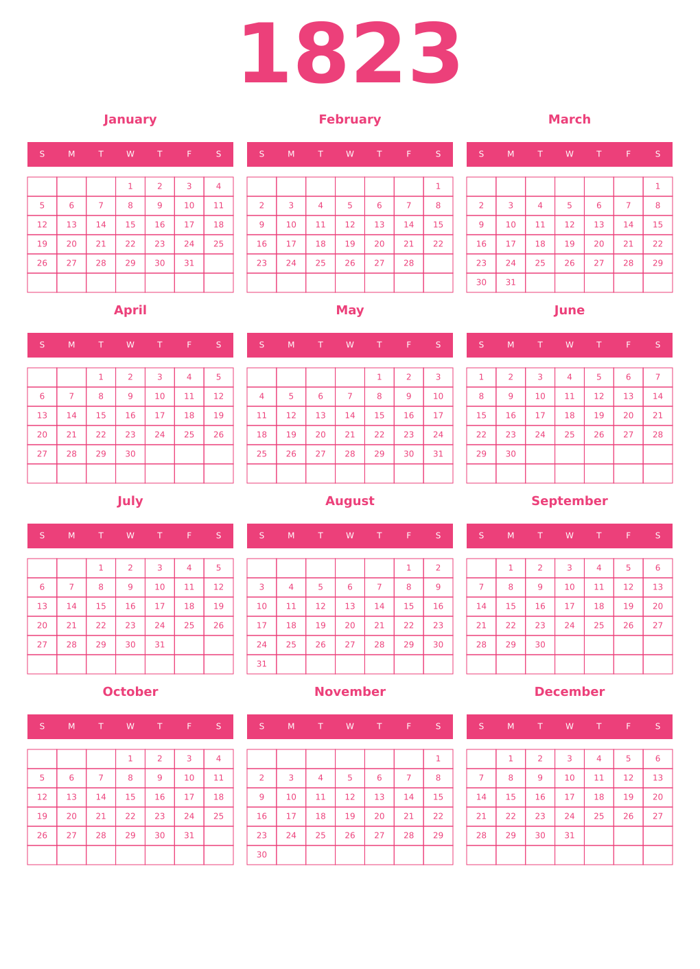 Printable 1823 Year Calendars pink
