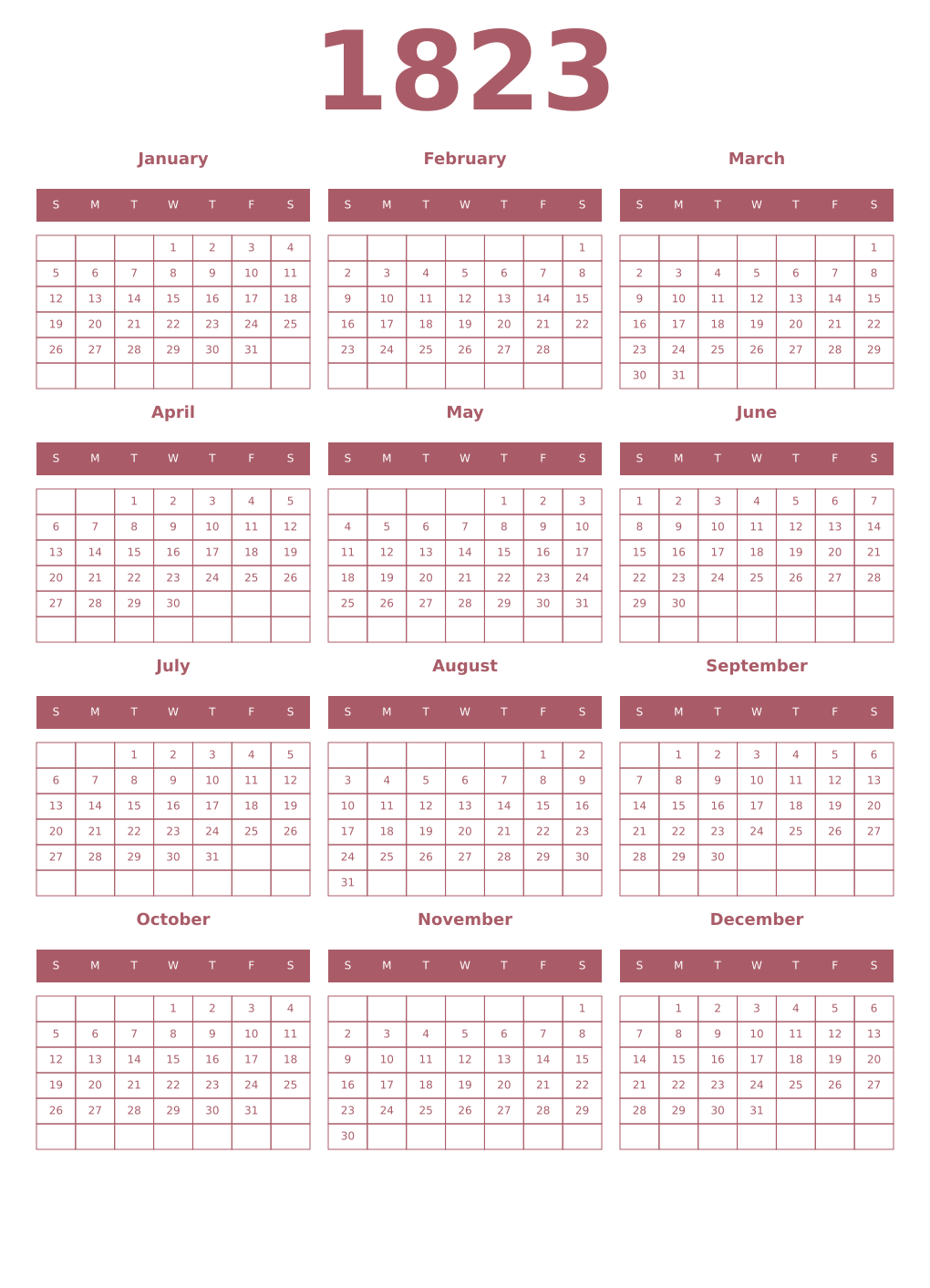 Printable 1823 Year Calendars puce