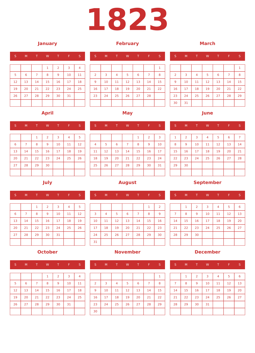 Printable 1823 Year Calendars red