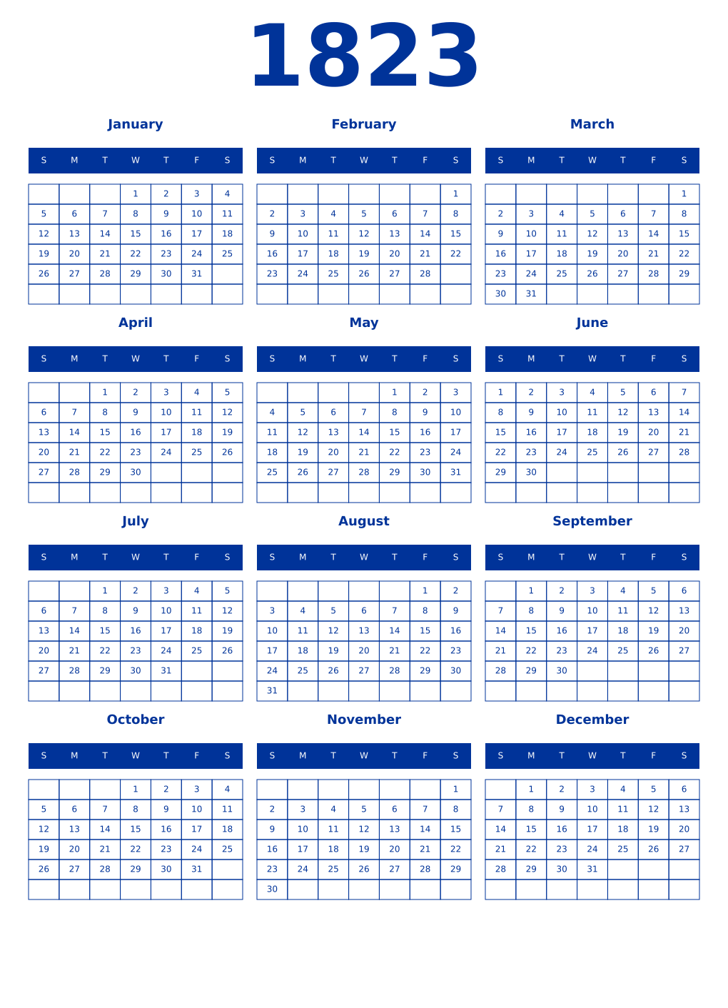 Printable 1823 Year Calendars smalt