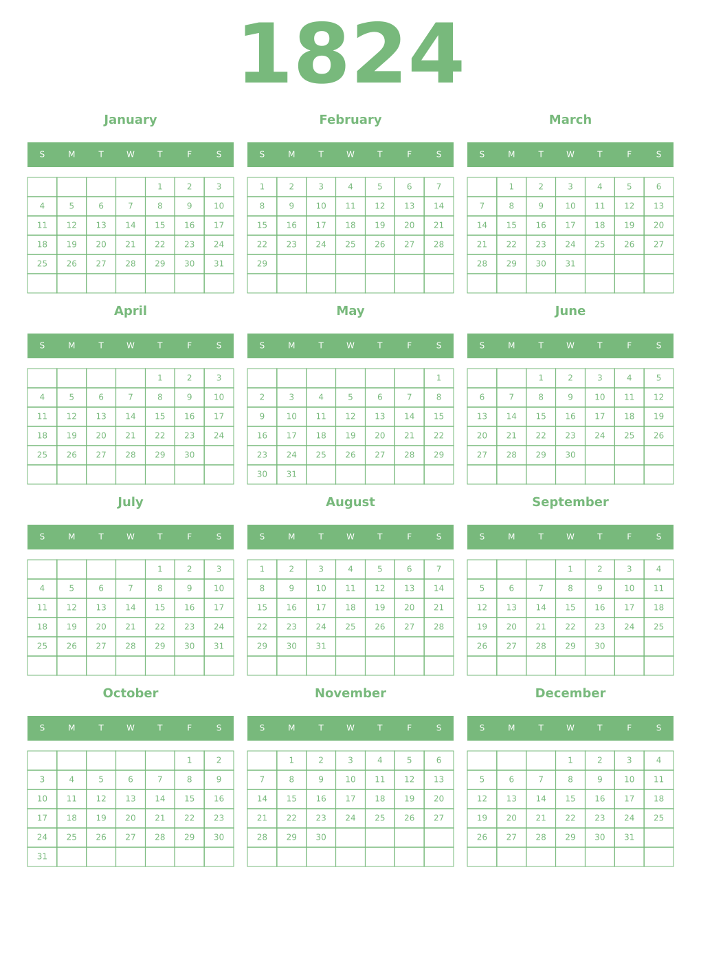 Printable 1824 Year Calendars celadon