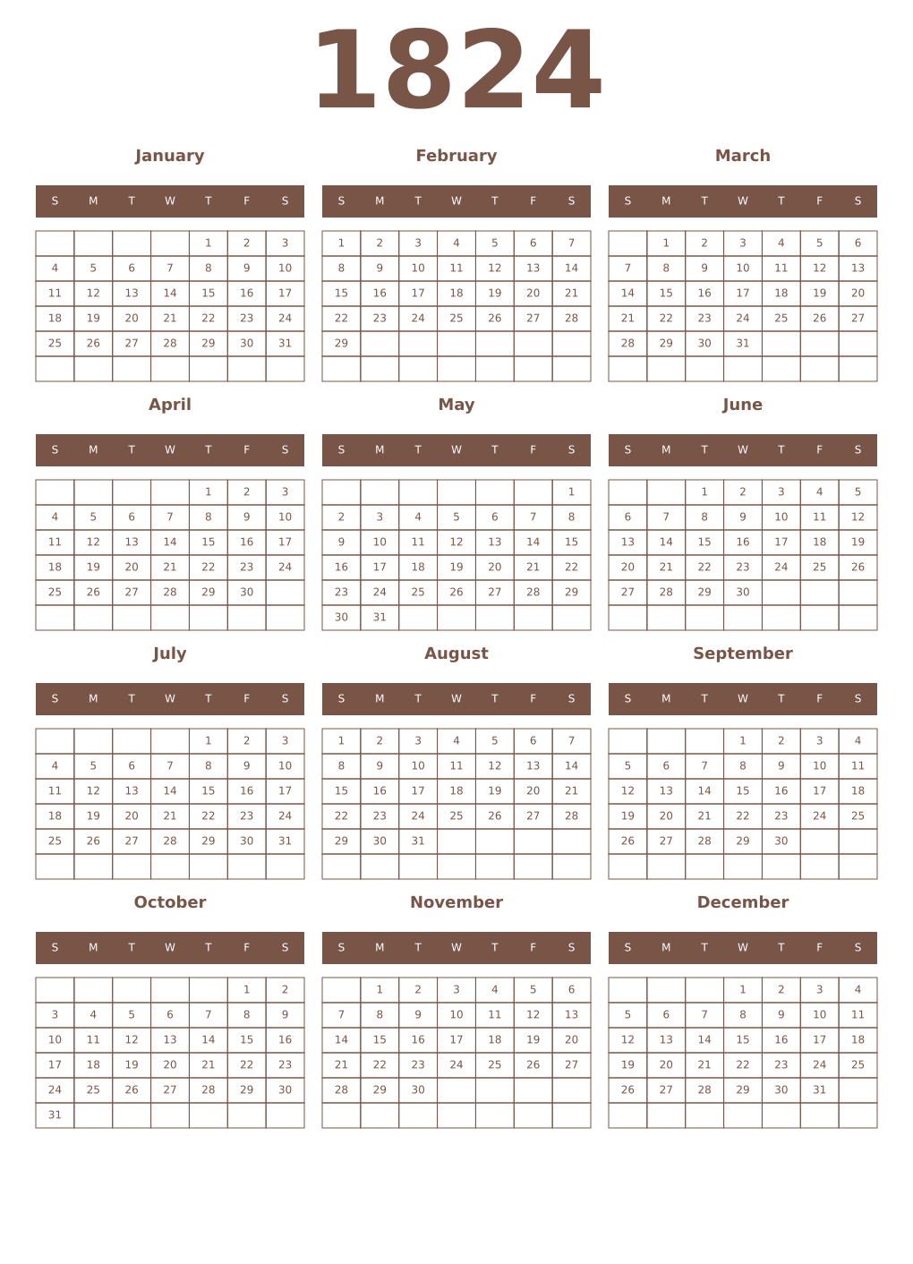 Printable 1824 Year Calendars coffe