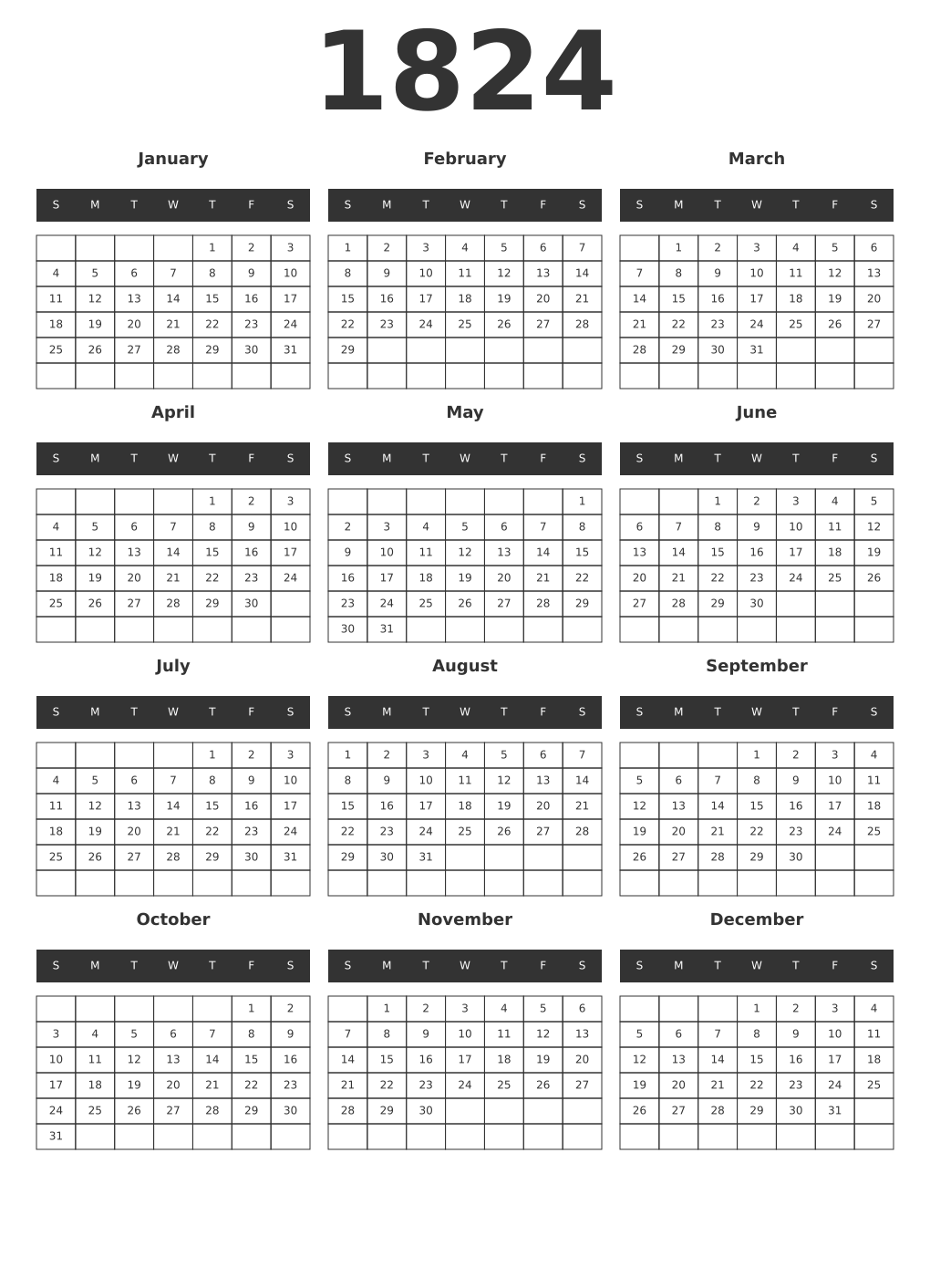 Printable 1824 Year Calendars dark