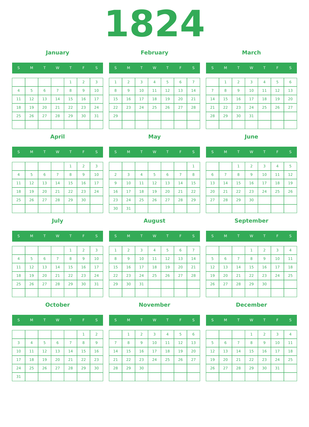 Printable 1824 Year Calendars green