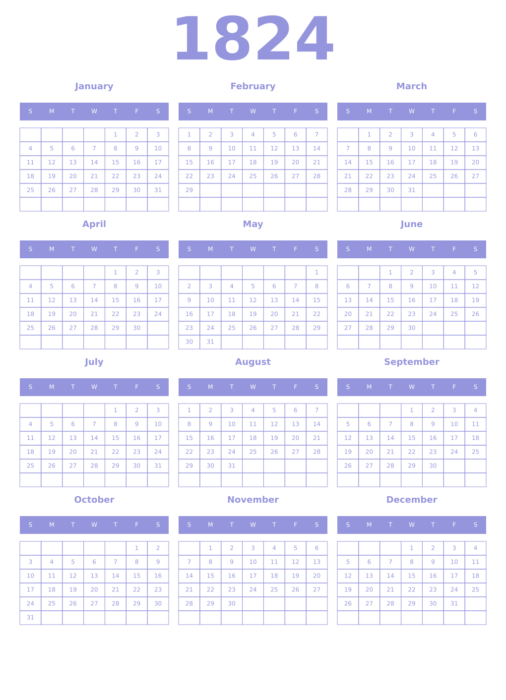 Printable 1824 Year Calendars periwinkle
