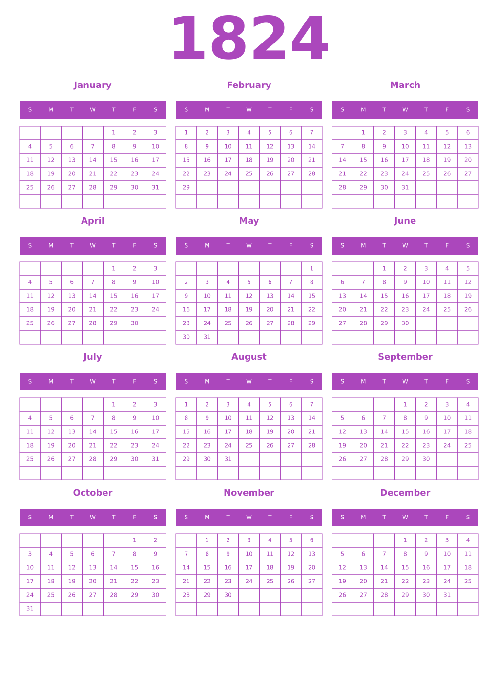 Printable 1824 Year Calendars purple