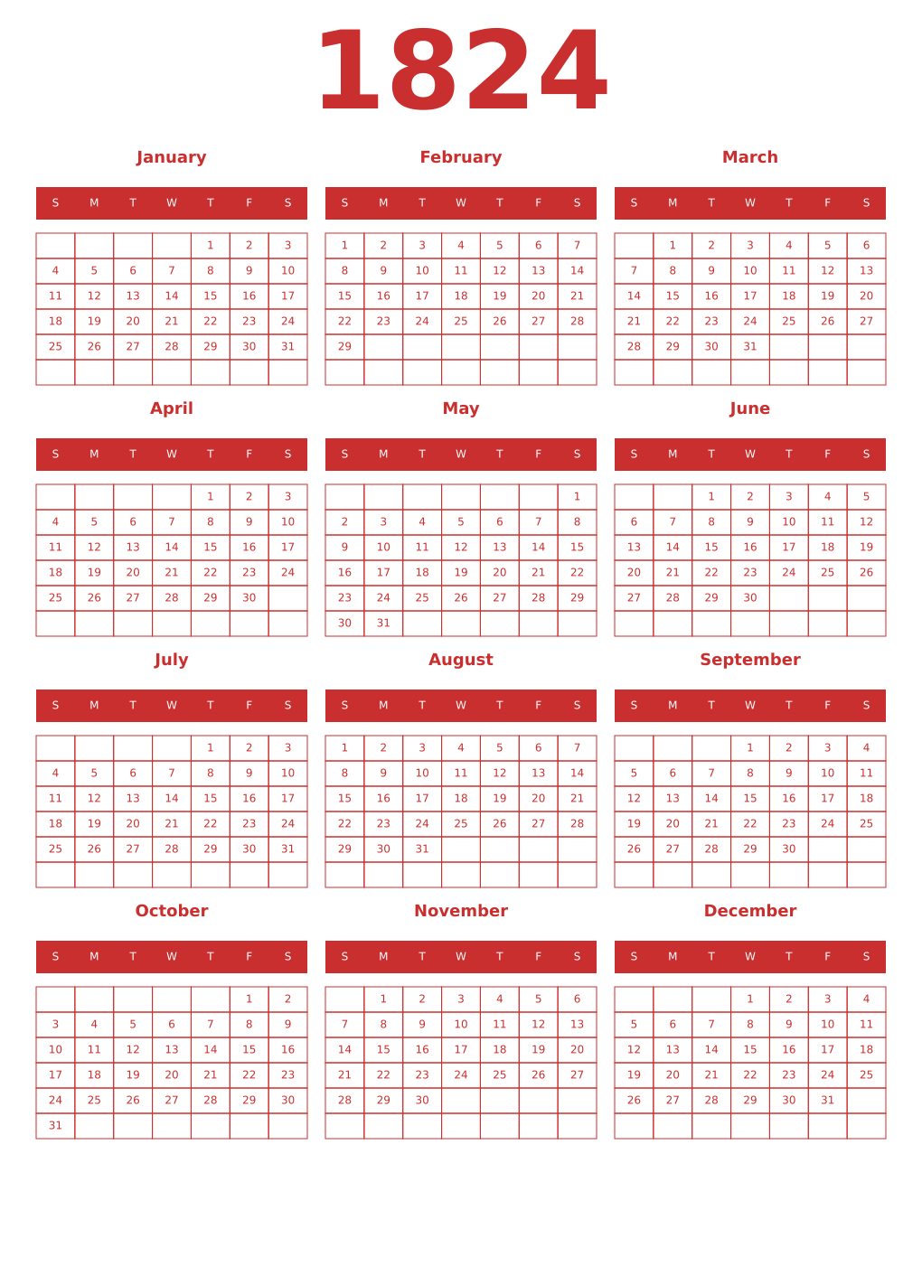 Printable 1824 Year Calendars red