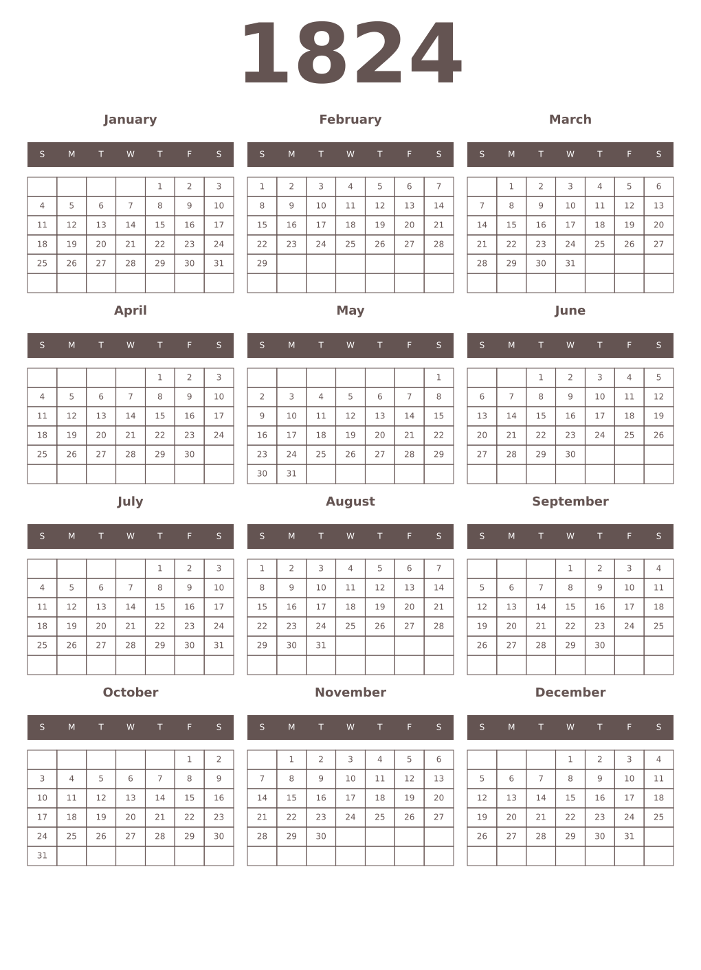 Printable 1824 Year Calendars wenge